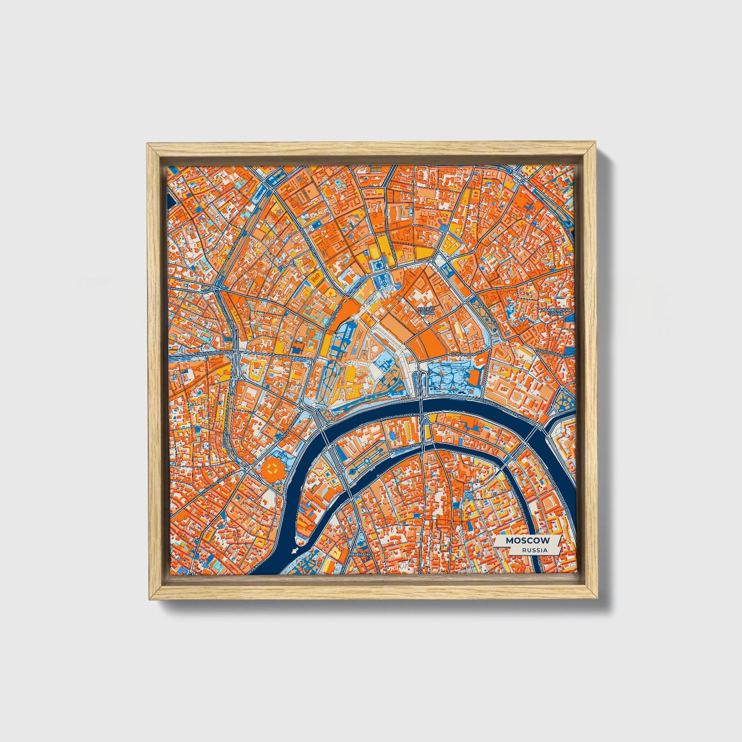 Москва Russia Colorful City Map Canvas Print • Natural Wooden Framed