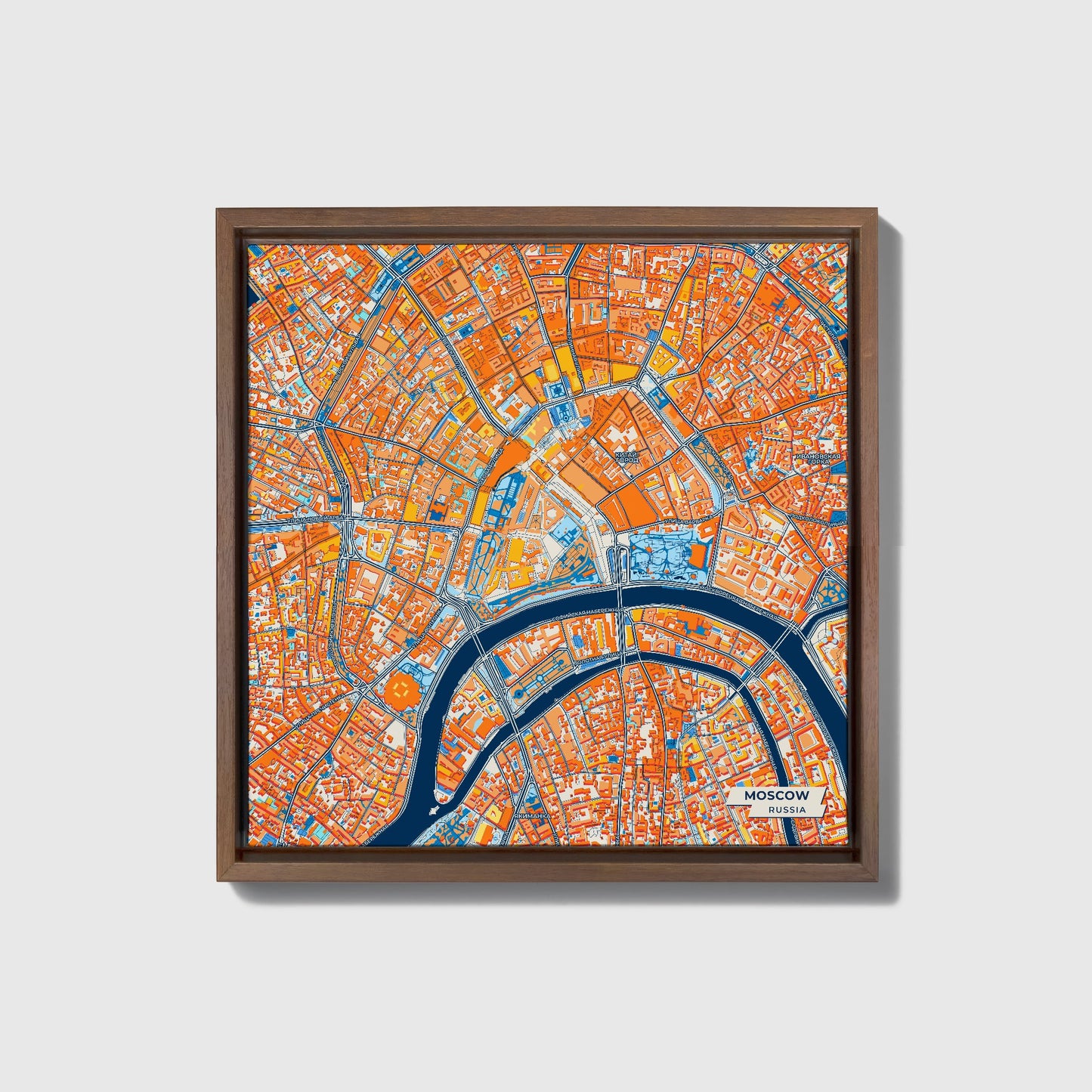 Москва Russia Colorful City Map Canvas Print • Dark Wooden Framed