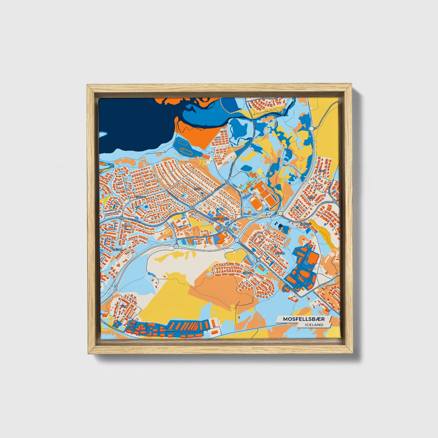 Mosfellsbær Iceland Colorful City Map Canvas Print • Natural Wooden Framed