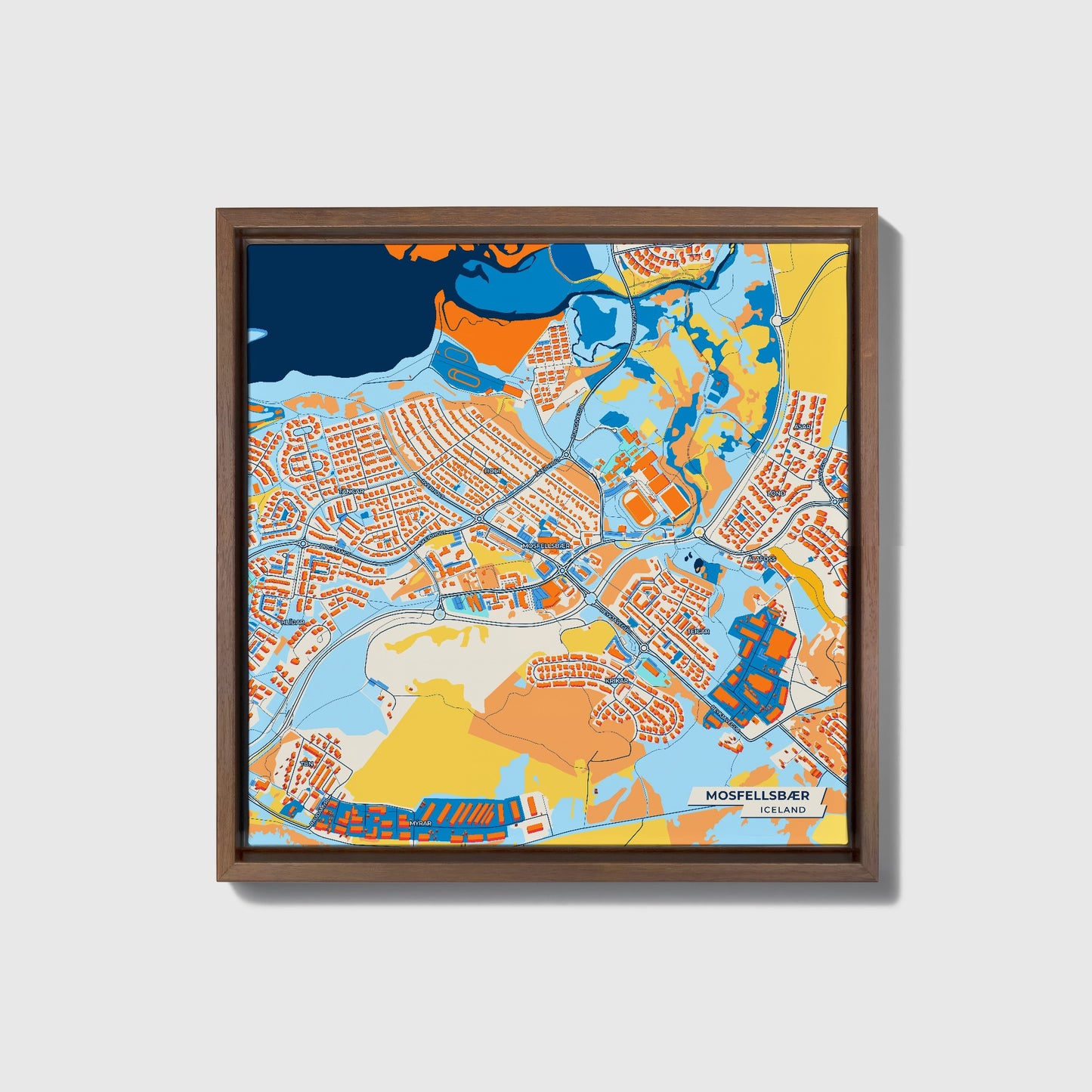 Mosfellsbær Iceland Colorful City Map Canvas Print • Dark Wooden Framed