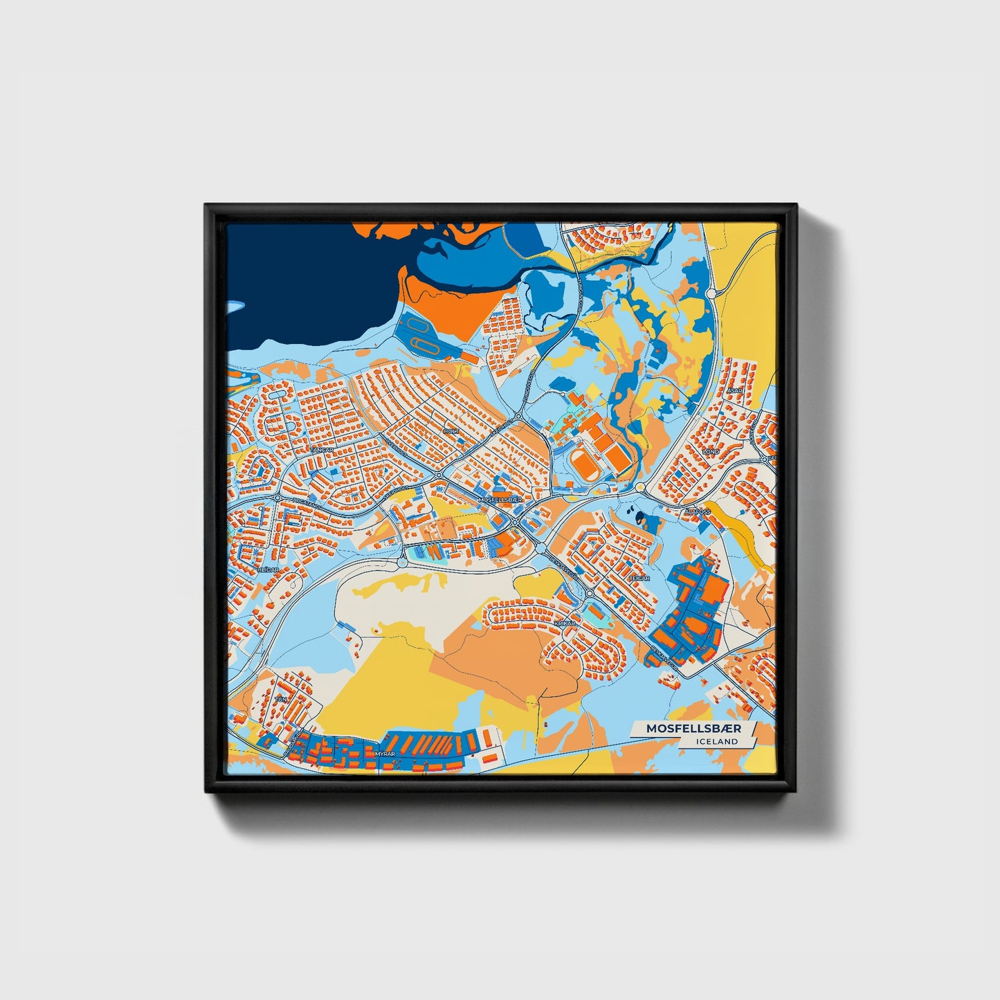 Mosfellsbær Iceland Colorful City Map Canvas Print • Black Framed