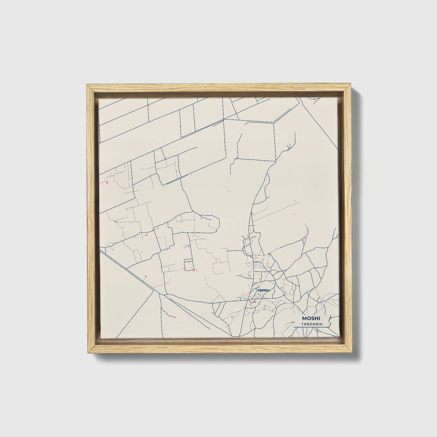 Moshi Tanzania Colorful City Map Canvas Print • Natural Wooden Framed