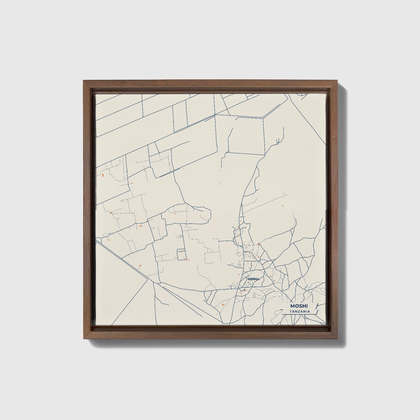 Moshi Tanzania Colorful City Map Canvas Print • Dark Wooden Framed