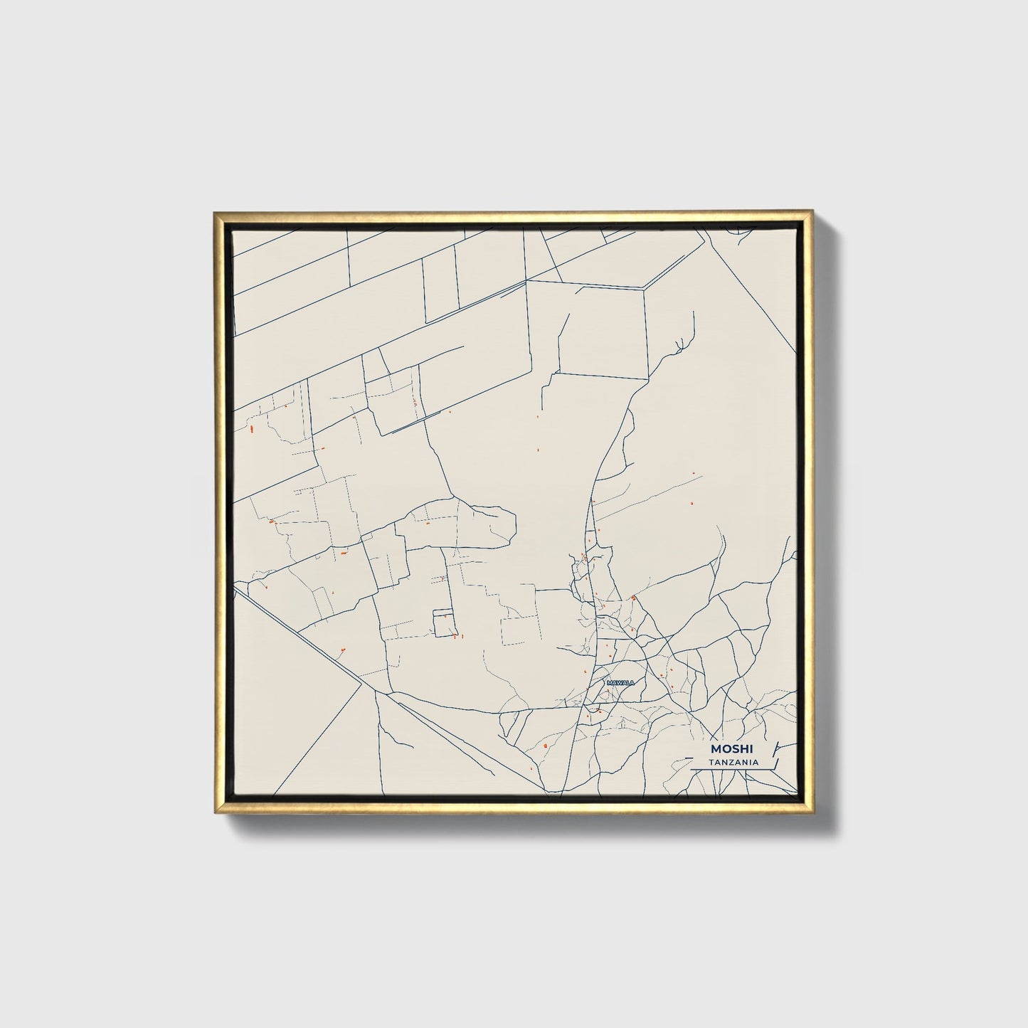 Moshi Tanzania Colorful City Map Canvas Print • Gold Framed