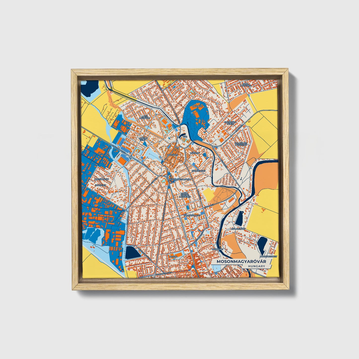 Mosonmagyaróvár Hungary Colorful City Map Canvas Print • Natural Wooden Framed