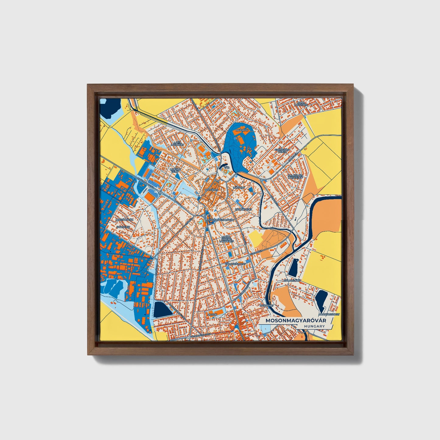 Mosonmagyaróvár Hungary Colorful City Map Canvas Print • Dark Wooden Framed