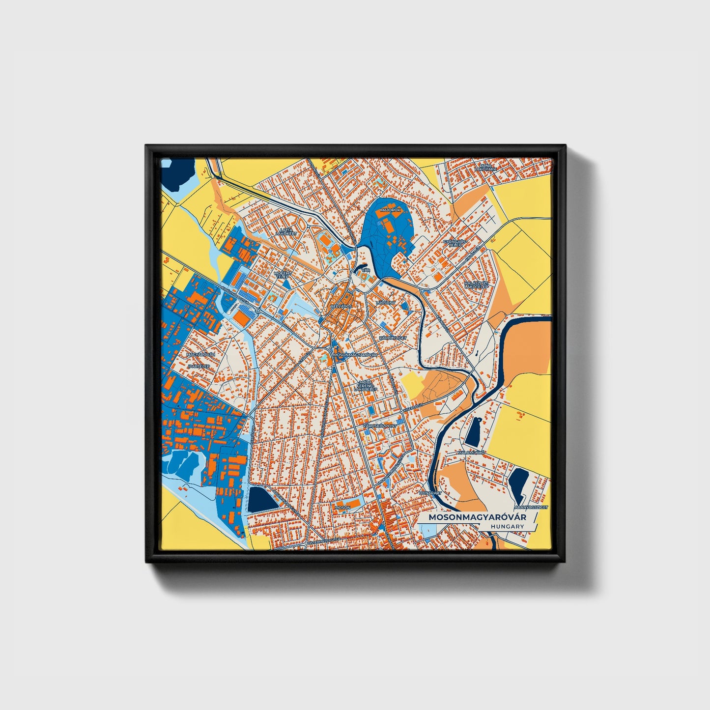 Mosonmagyaróvár Hungary Colorful City Map Canvas Print • Black Framed