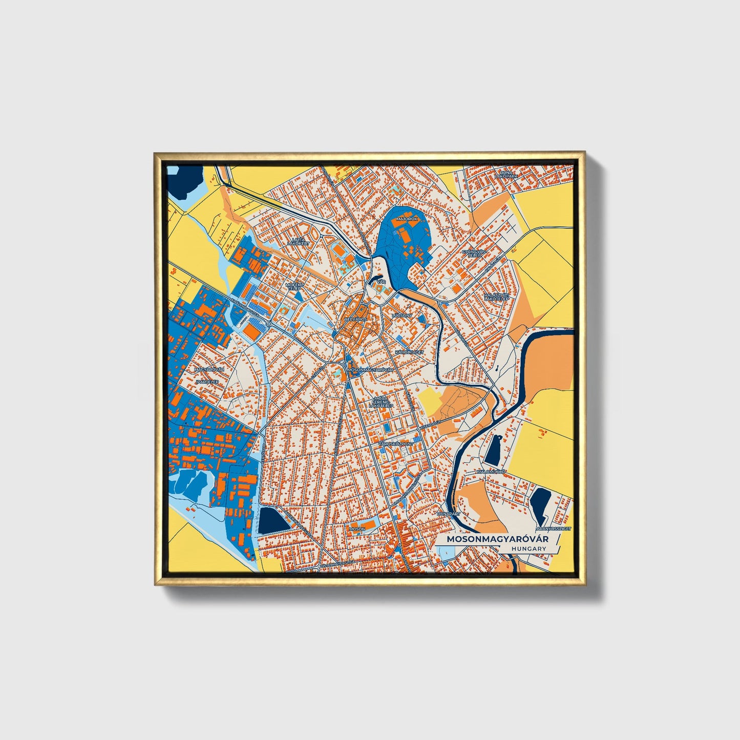 Mosonmagyaróvár Hungary Colorful City Map Canvas Print • Gold Framed