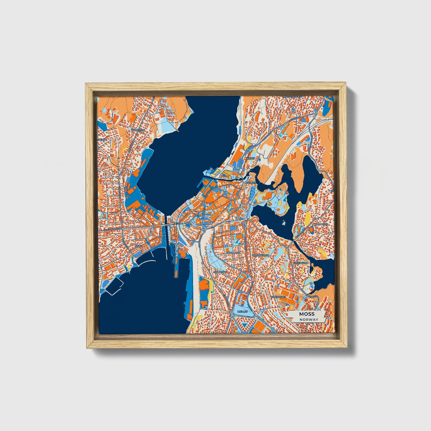 Moss Norway Colorful City Map Canvas Print • Natural Wooden Framed