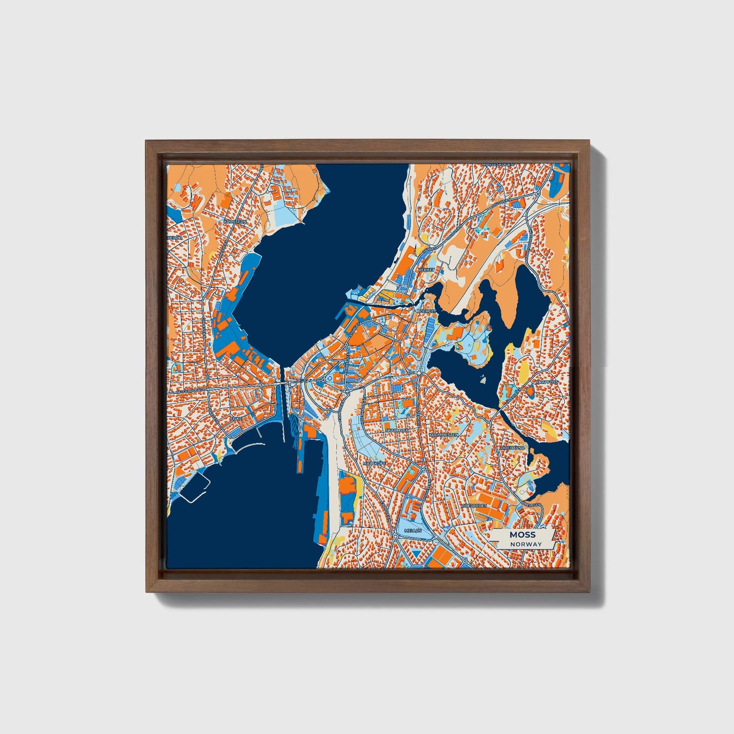Moss Norway Colorful City Map Canvas Print • Dark Wooden Framed