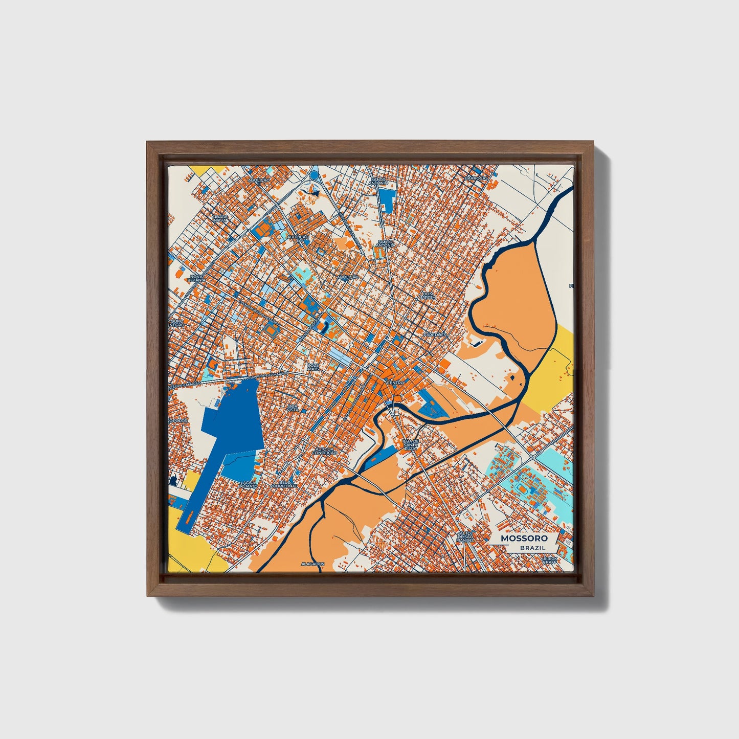 Mossoro Brazil Colorful City Map Canvas Print • Dark Wooden Framed