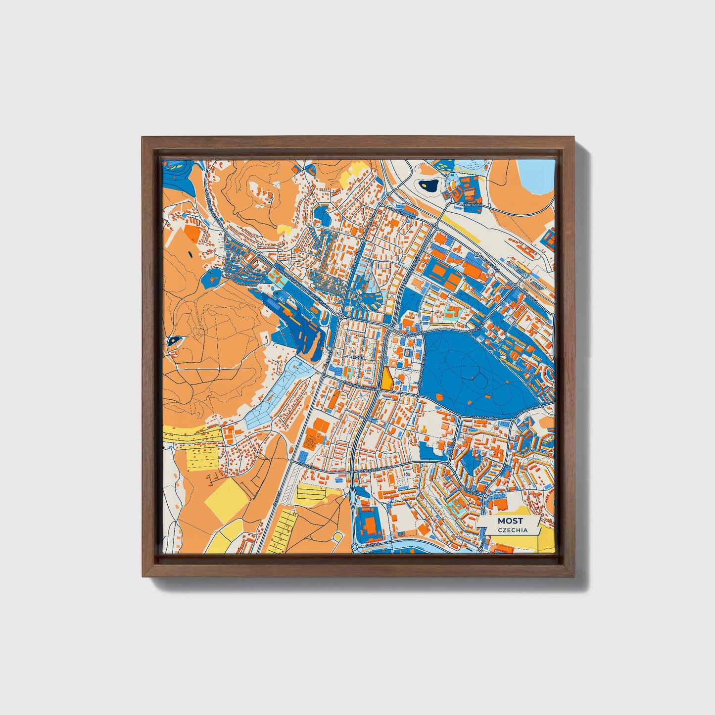 Většina Czechia Colorful City Map Canvas Print • Dark Wooden Framed
