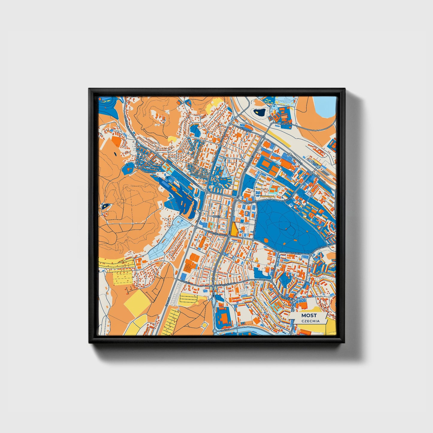 Většina Czechia Colorful City Map Canvas Print • Black Framed