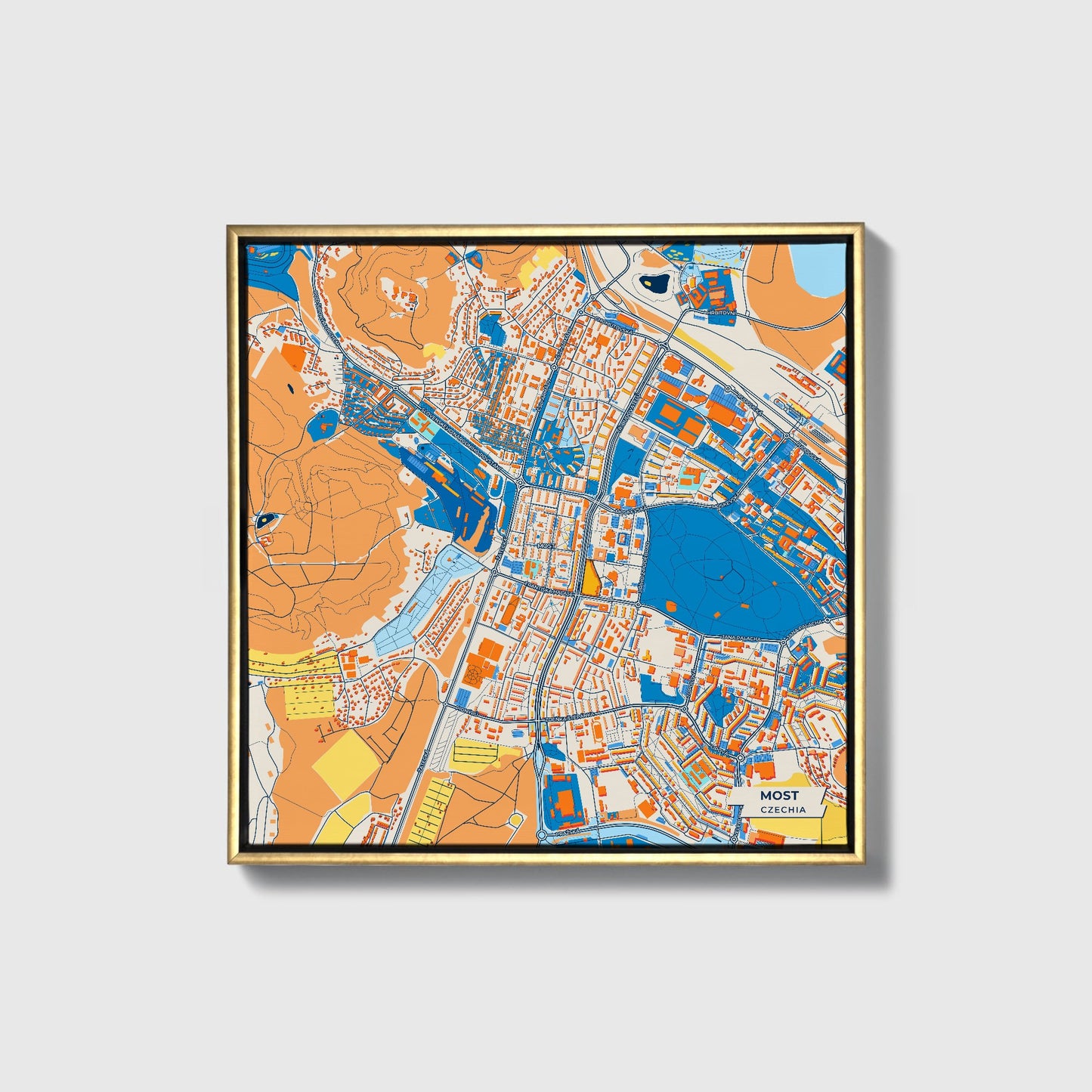 Většina Czechia Colorful City Map Canvas Print • Gold Framed