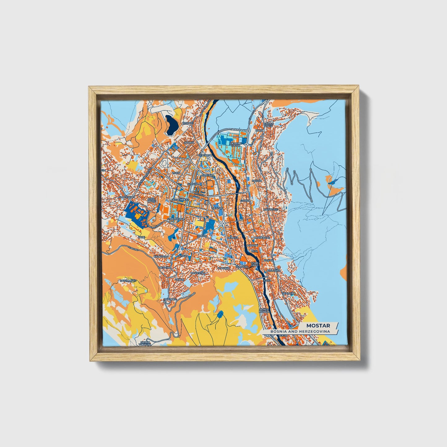 Mostar Bosnia And Herzegovina Colorful City Map Canvas Print • Natural Wooden Framed