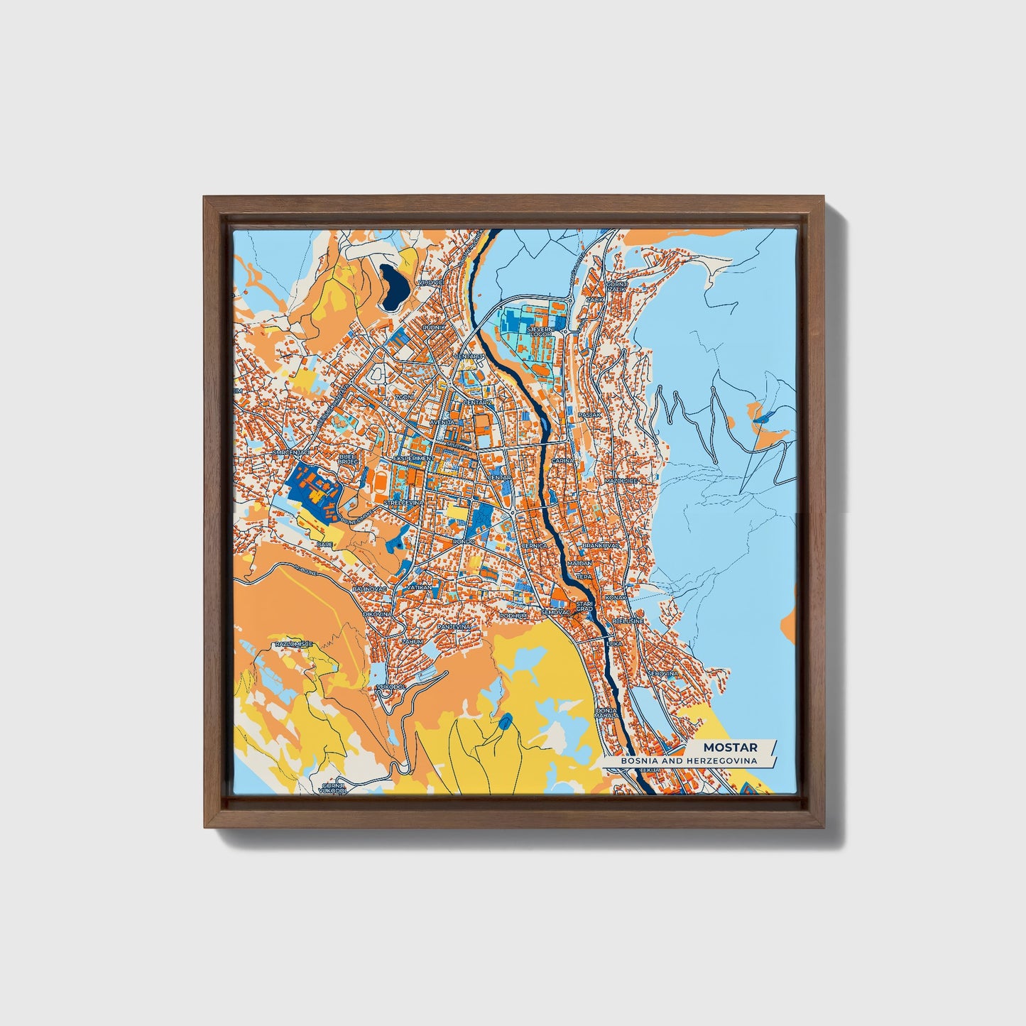 Mostar Bosnia And Herzegovina Colorful City Map Canvas Print • Dark Wooden Framed