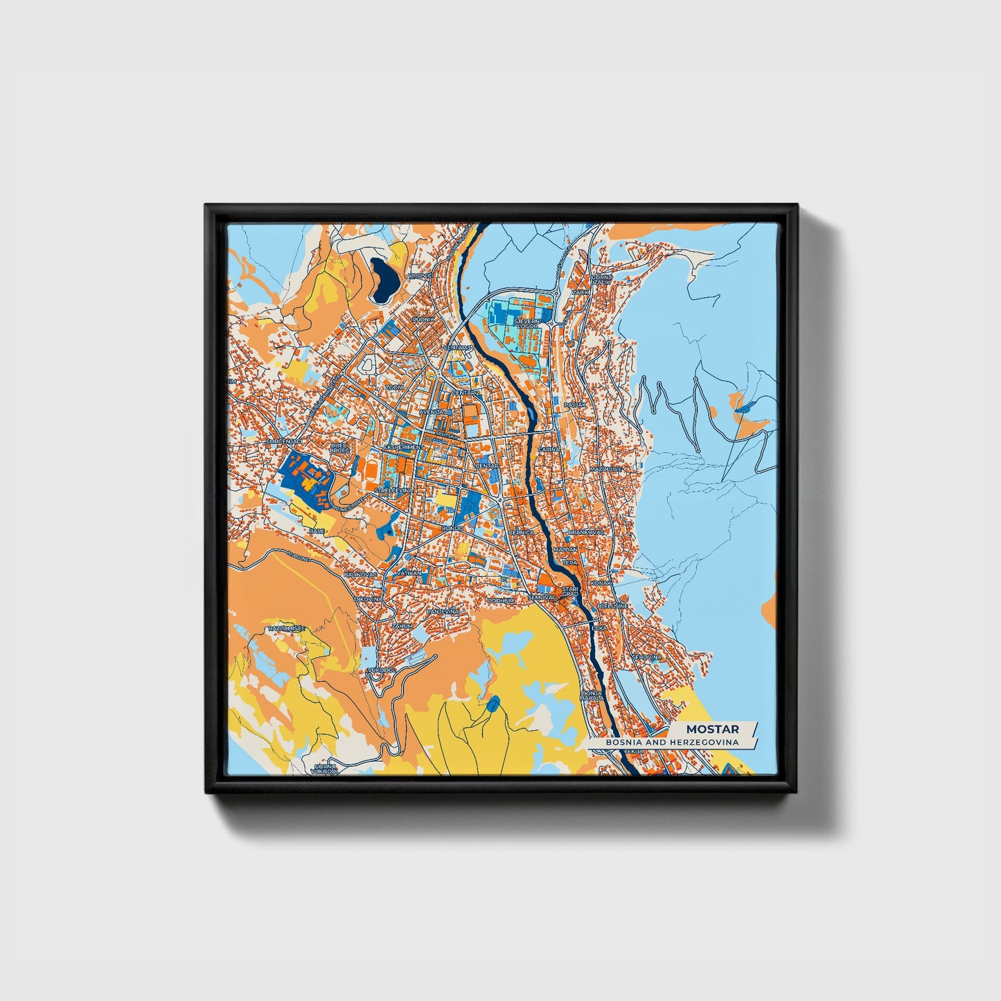 Mostar Bosnia And Herzegovina Colorful City Map Canvas Print • Black Framed
