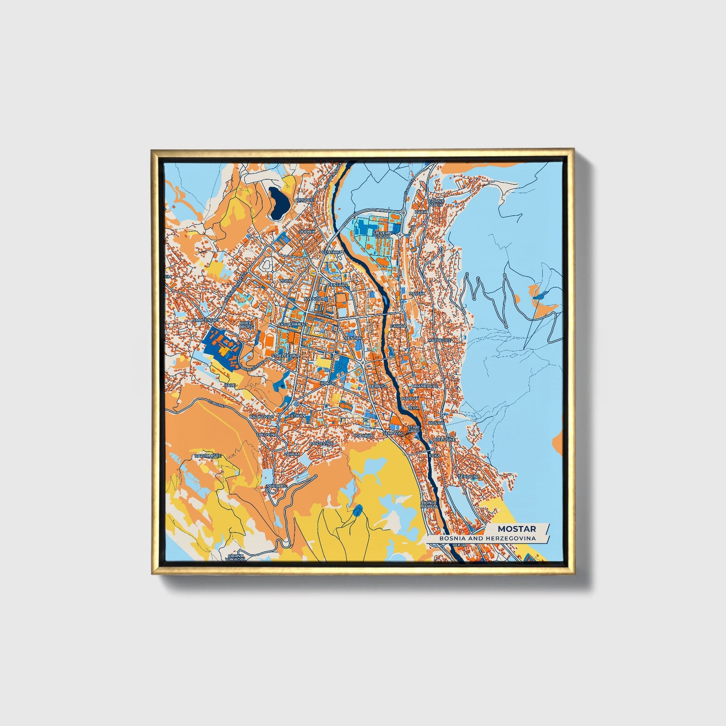 Mostar Bosnia And Herzegovina Colorful City Map Canvas Print • Gold Framed
