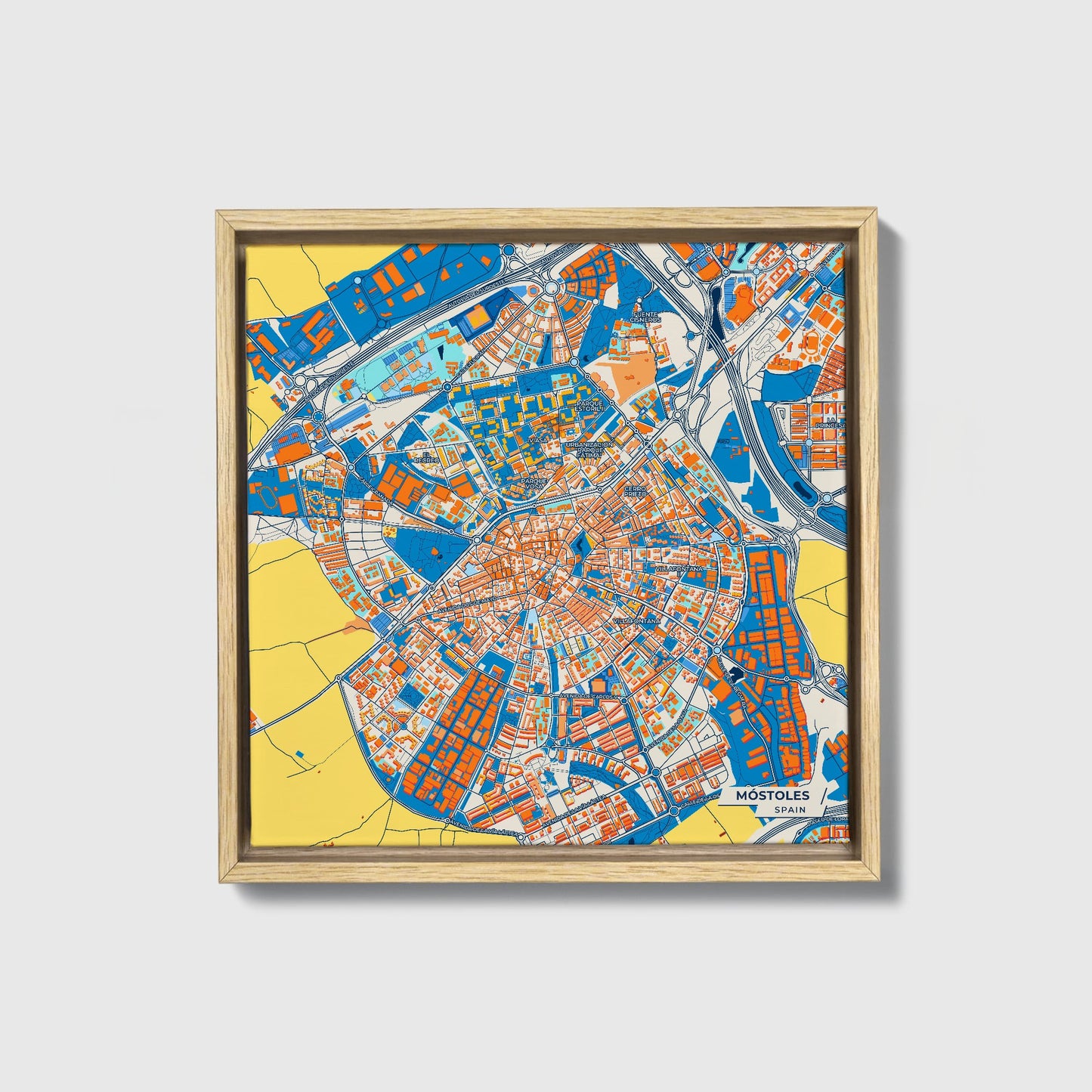 Móstoles Spain Colorful City Map Canvas Print • Natural Wooden Framed