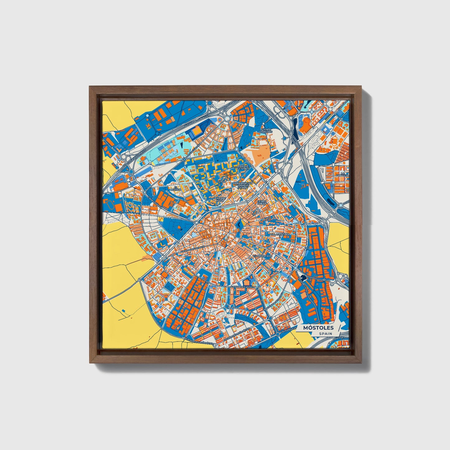 Móstoles Spain Colorful City Map Canvas Print • Dark Wooden Framed