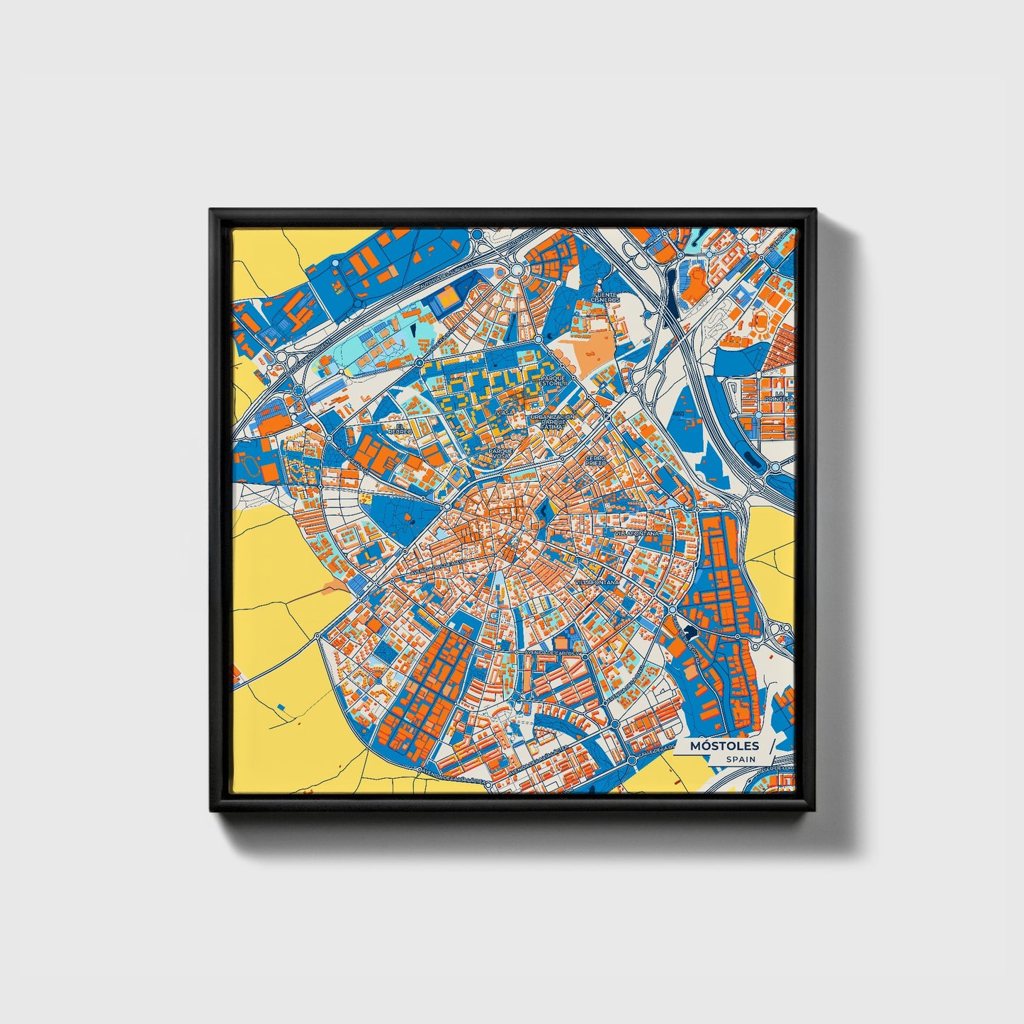 Móstoles Spain Colorful City Map Canvas Print • Black Framed