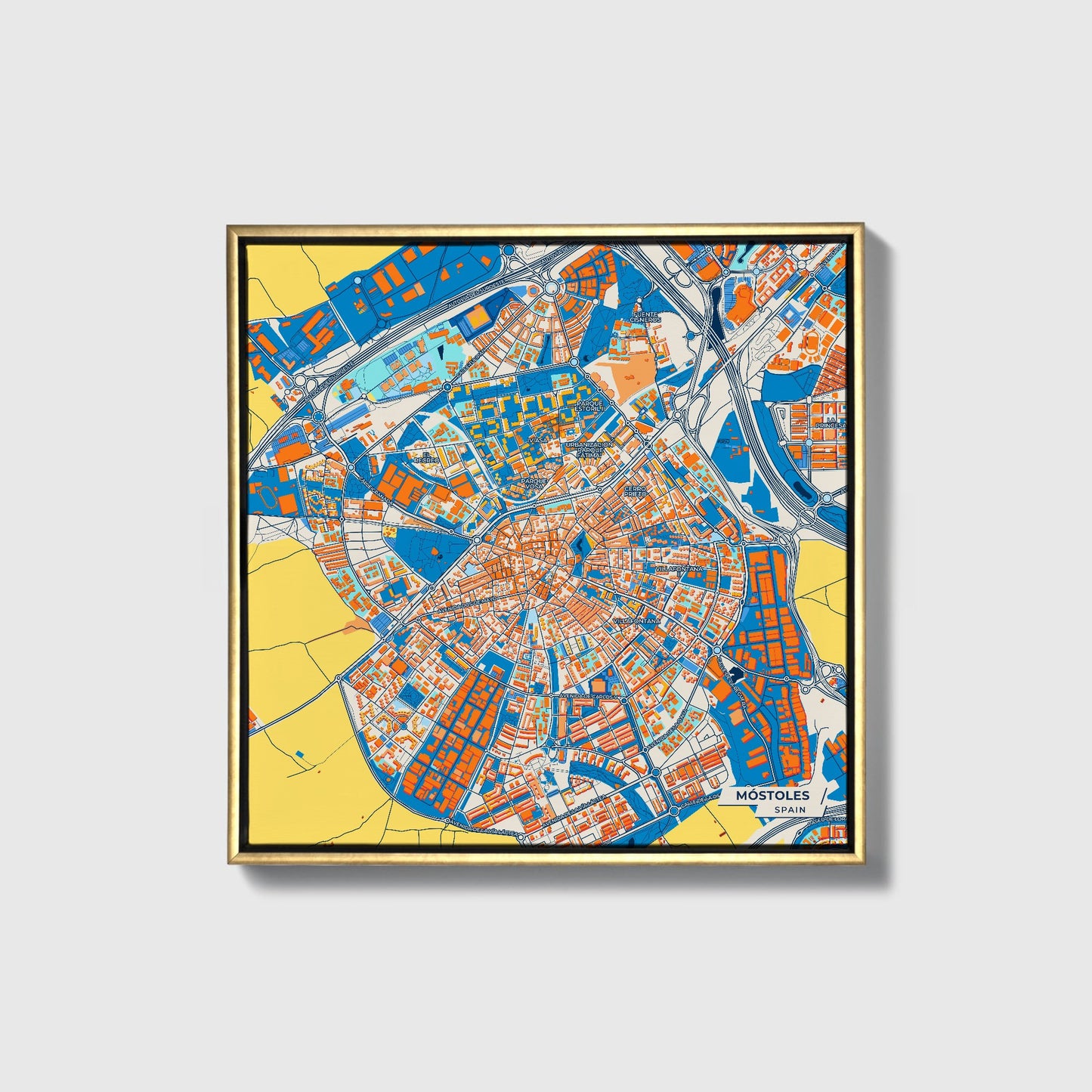 Móstoles Spain Colorful City Map Canvas Print • Gold Framed