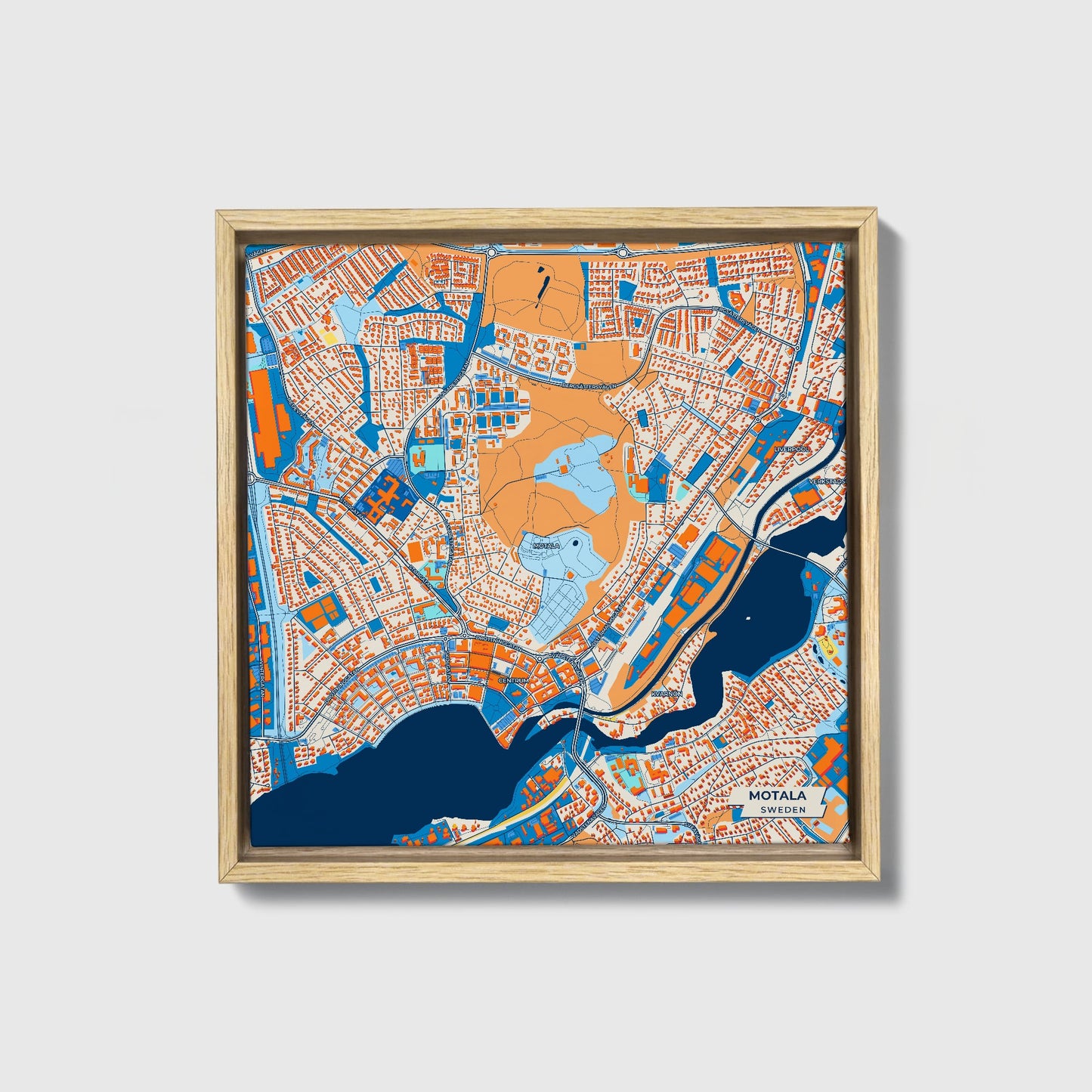 Motala Sweden Colorful City Map Canvas Print • Natural Wooden Framed