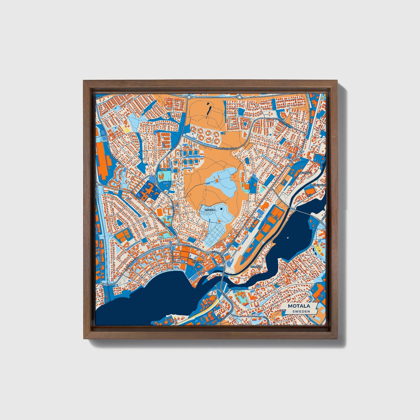 Motala Sweden Colorful City Map Canvas Print • Dark Wooden Framed