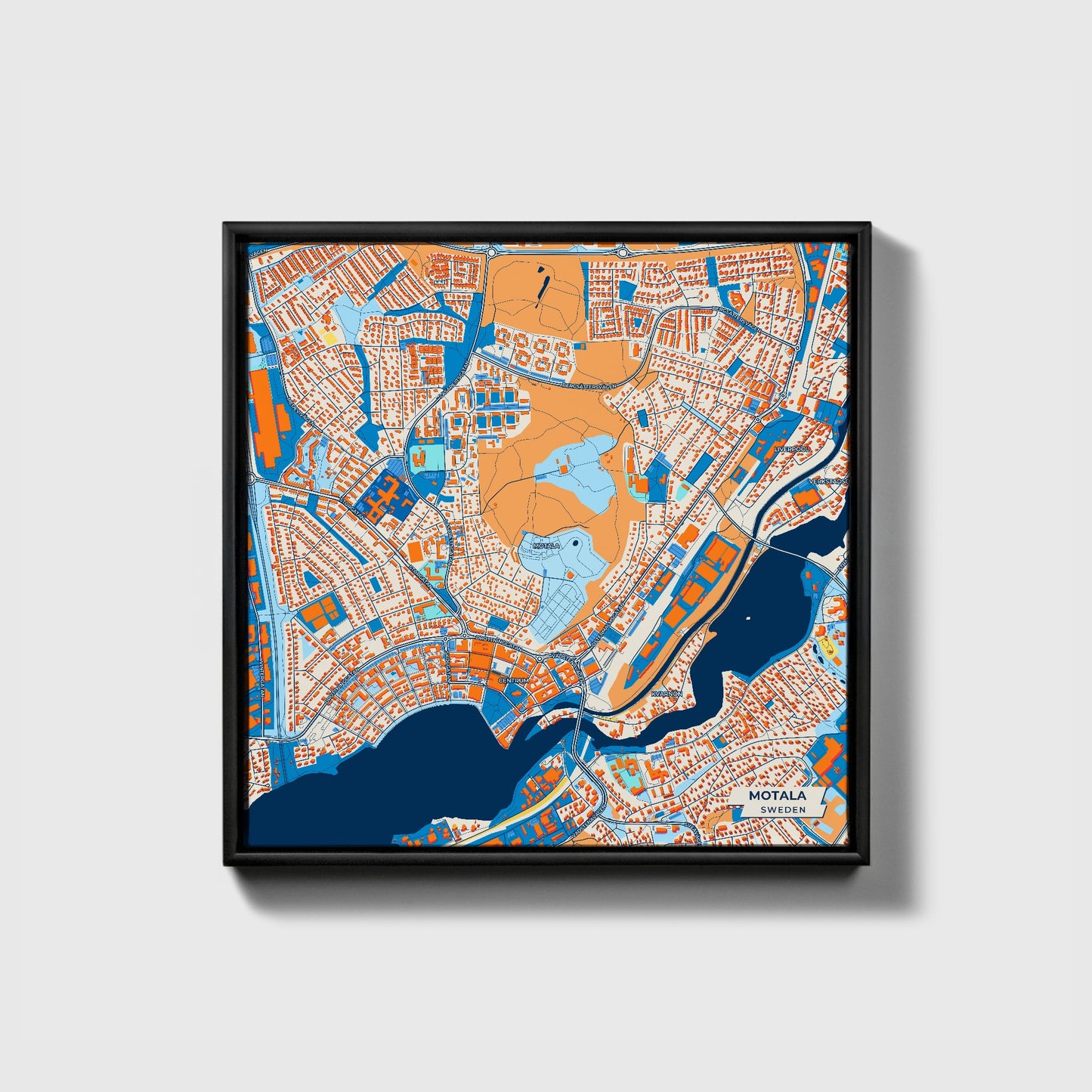 Motala Sweden Colorful City Map Canvas Print • Black Framed