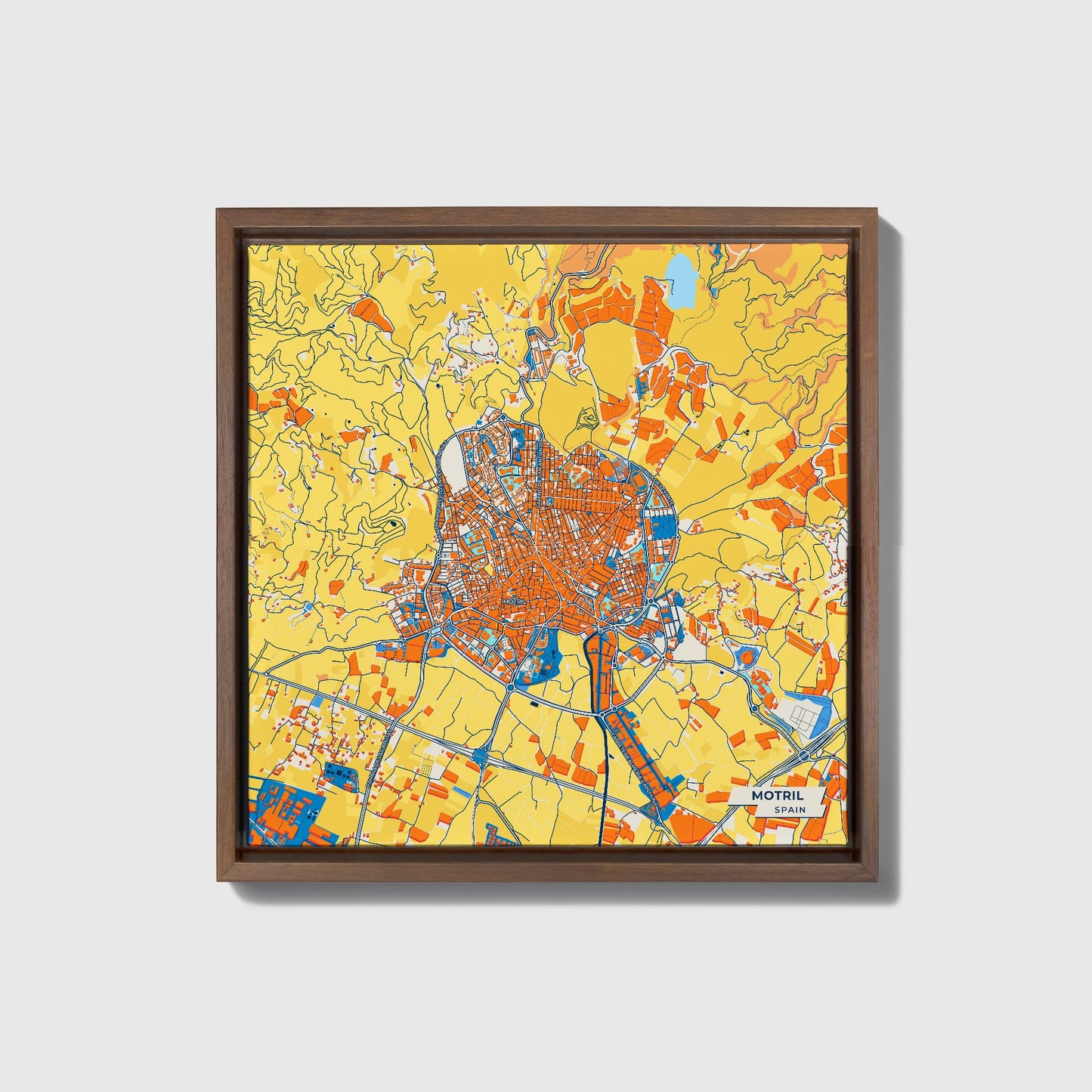 Motril Spain Colorful City Map Canvas Print • Dark Wooden Framed