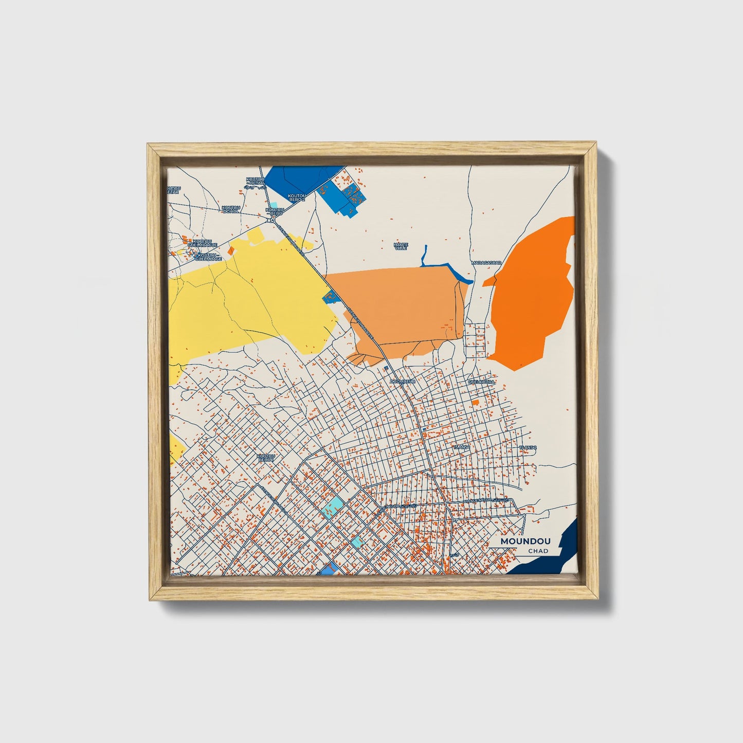 Moundou Chad Colorful City Map Canvas Print • Natural Wooden Framed