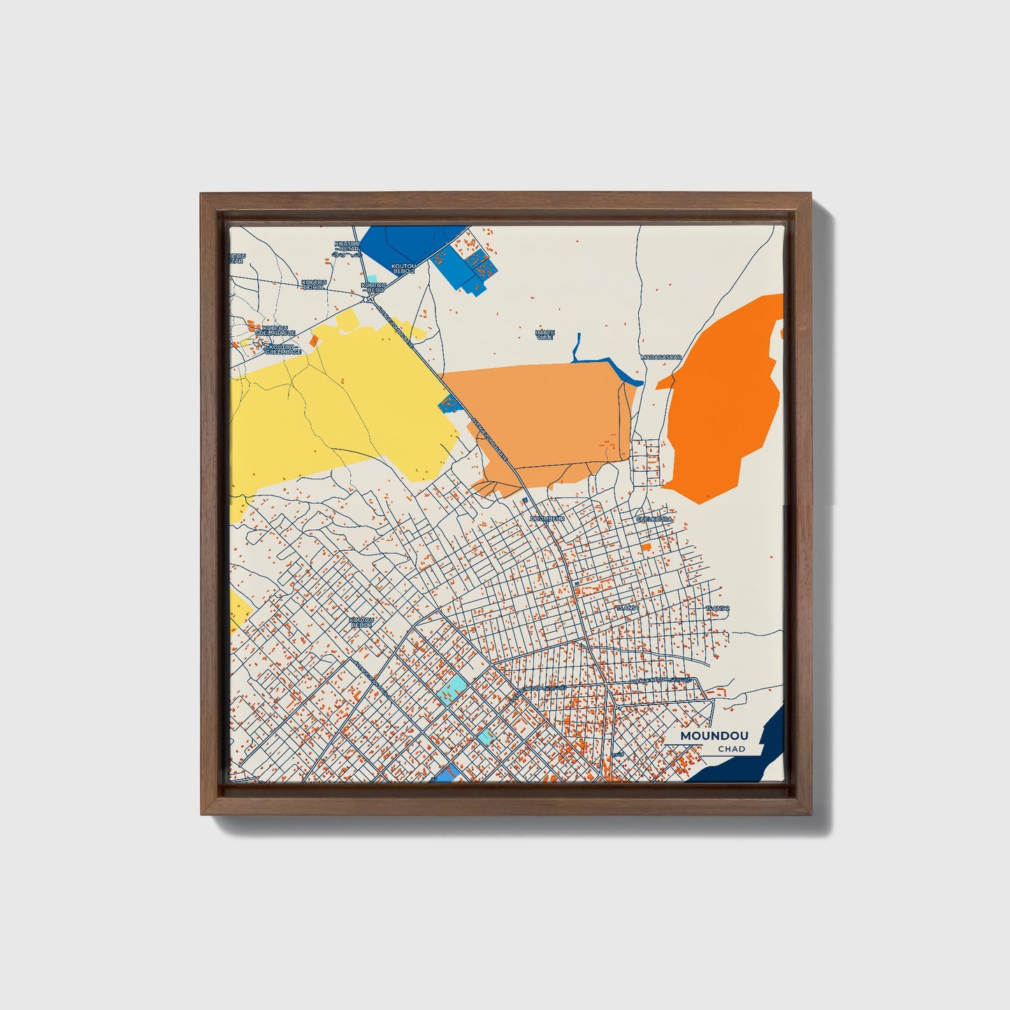 Moundou Chad Colorful City Map Canvas Print • Dark Wooden Framed
