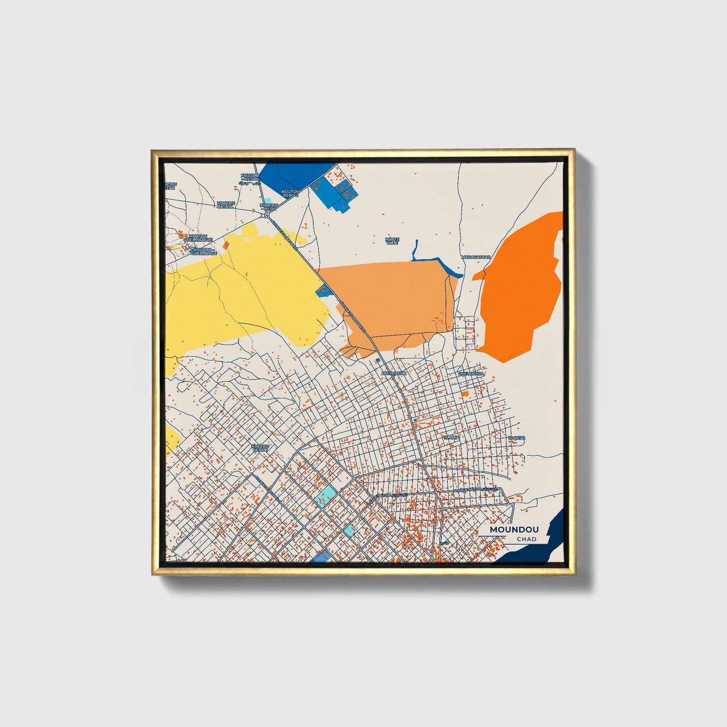 Moundou Chad Colorful City Map Canvas Print • Gold Framed