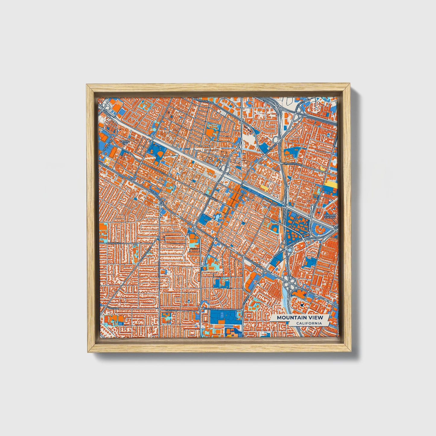Mountain View California Colorful City Map Canvas Print • Natural Wooden Framed