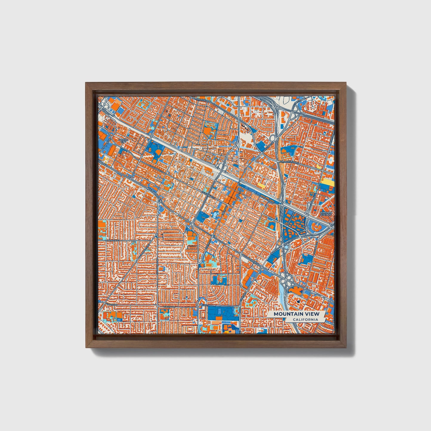 Mountain View California Colorful City Map Canvas Print • Dark Wooden Framed