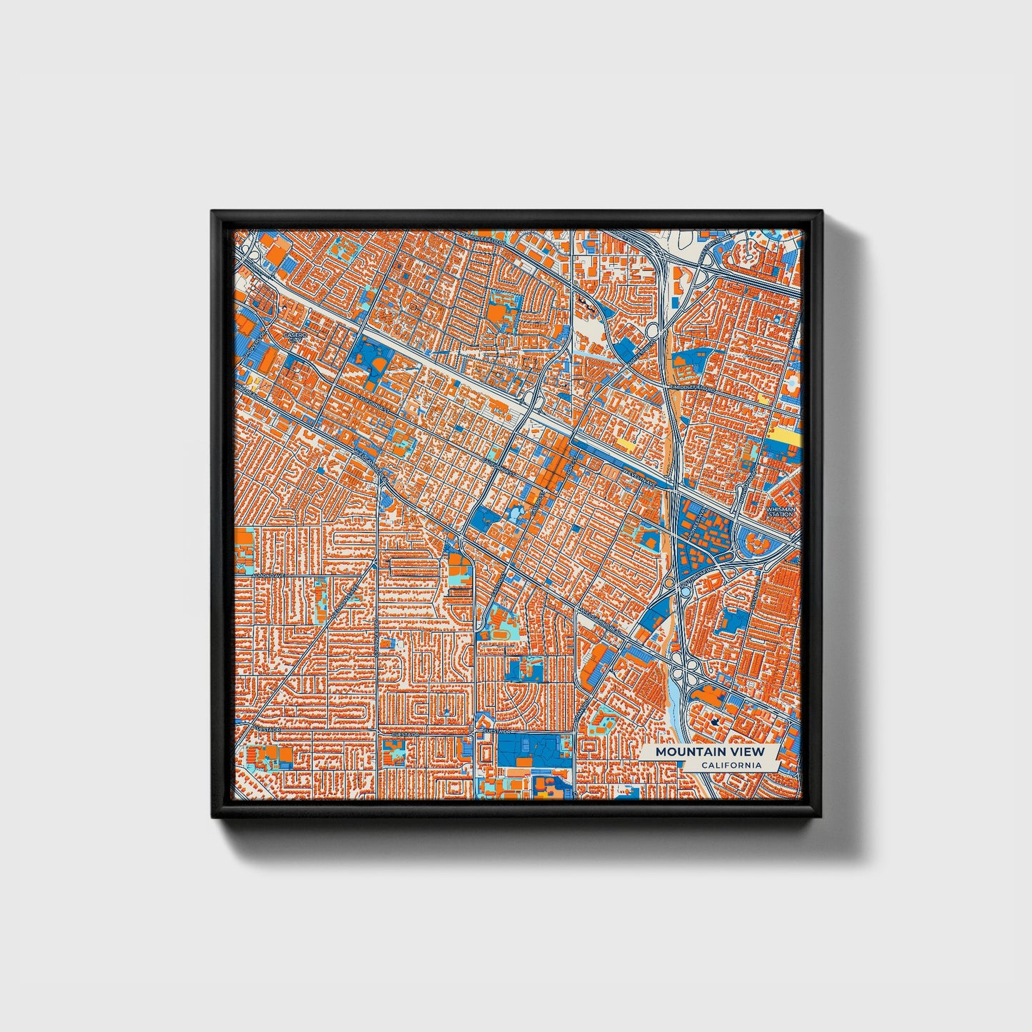 Mountain View California Colorful City Map Canvas Print • Black Framed