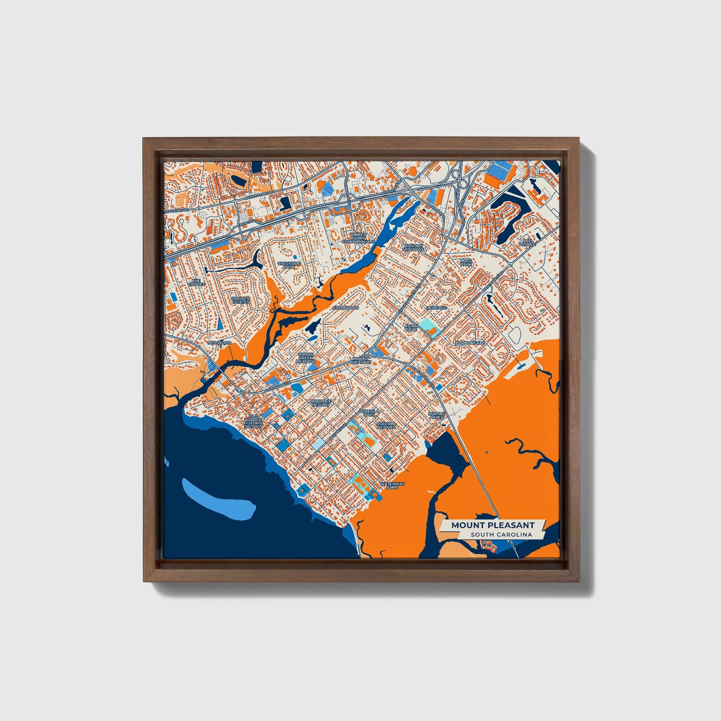 Mount Pleasant South Carolina Colorful City Map Canvas Print • Dark Wooden Framed