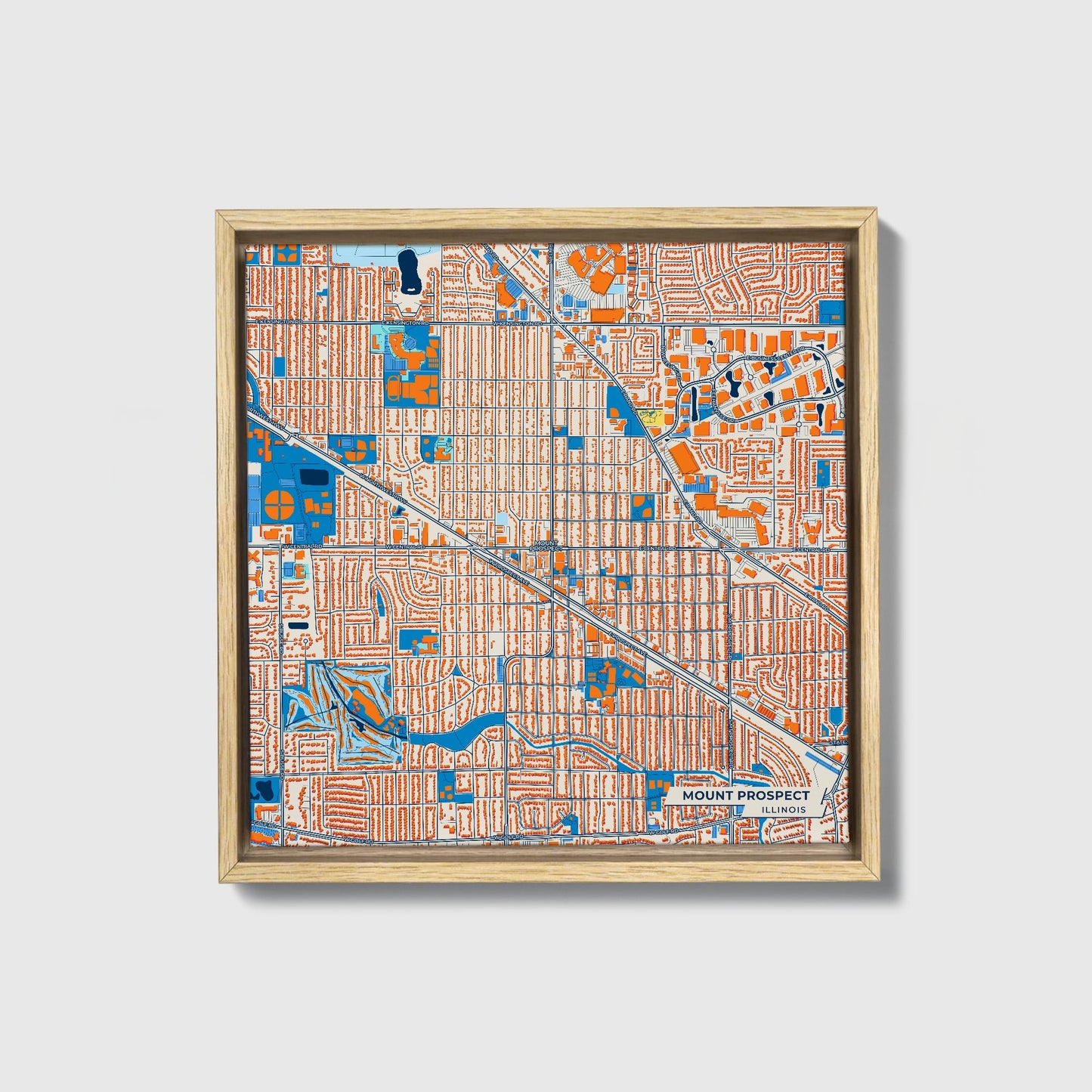 Mount Prospect Illinois Colorful City Map Canvas Print • Natural Wooden Framed