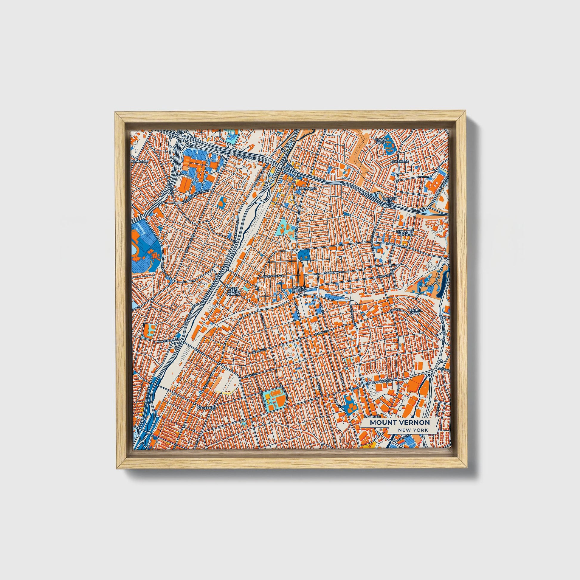 Mount Vernon New York Colorful City Map Canvas Print • Natural Wooden Framed