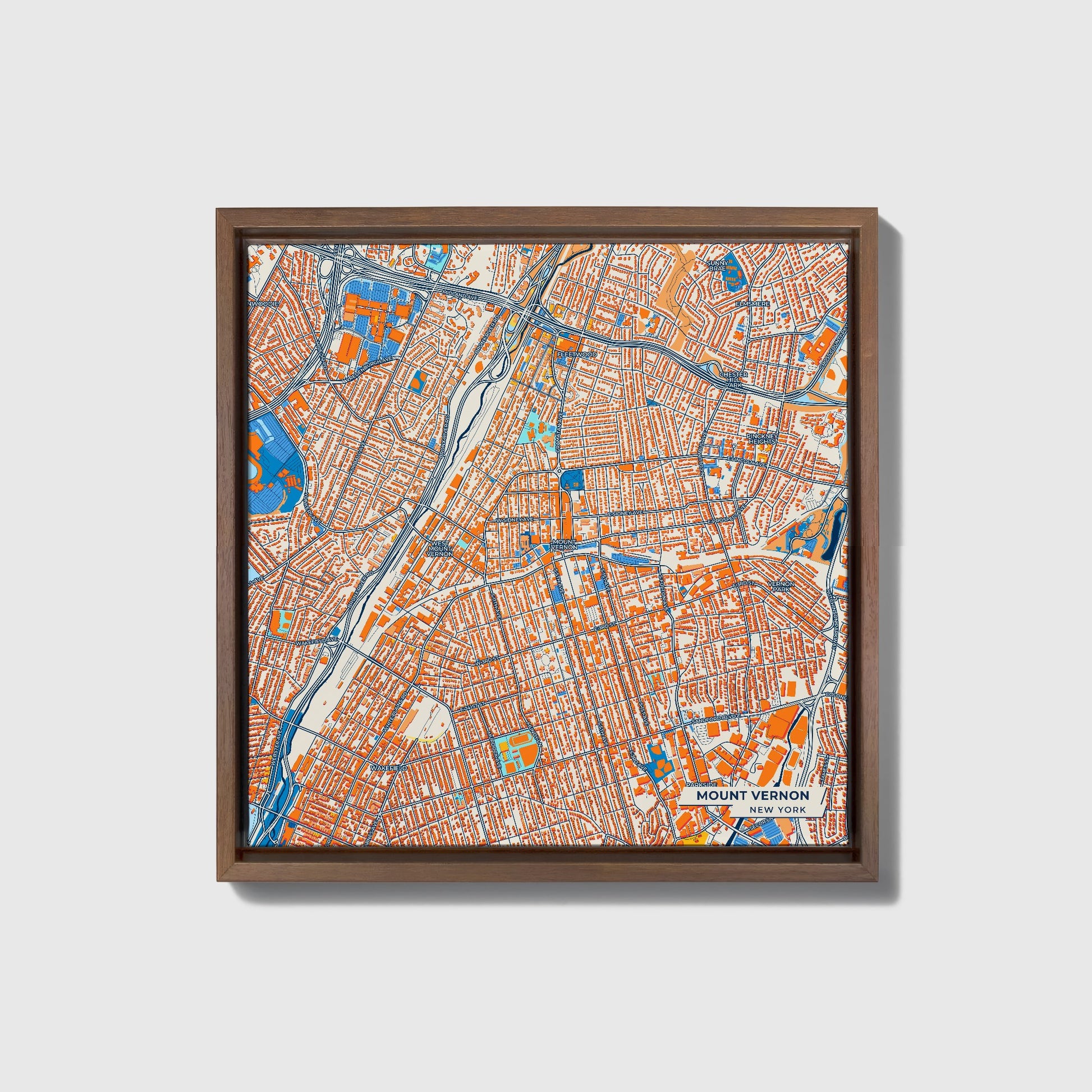 Mount Vernon New York Colorful City Map Canvas Print • Dark Wooden Framed