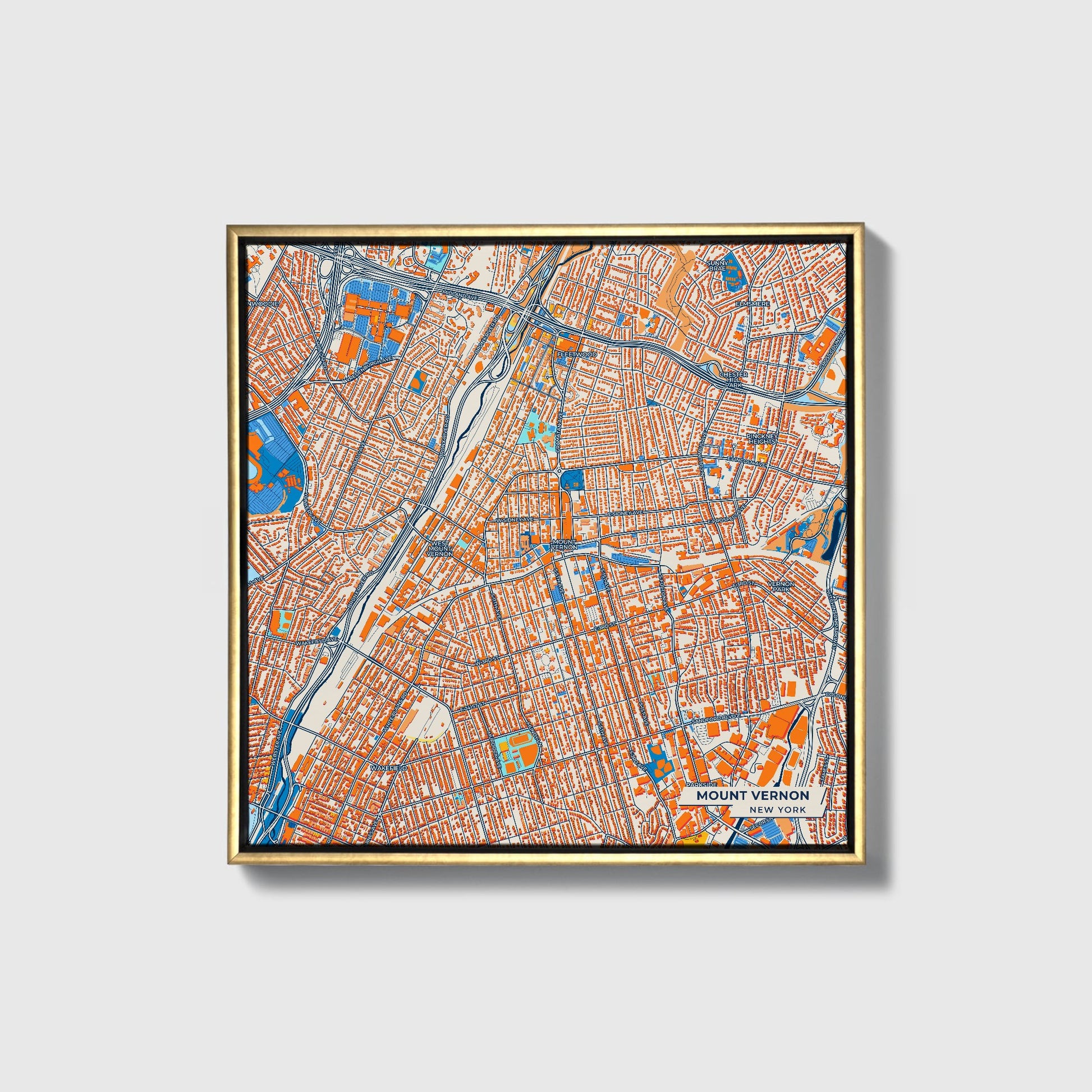 Mount Vernon New York Colorful City Map Canvas Print • Gold Framed