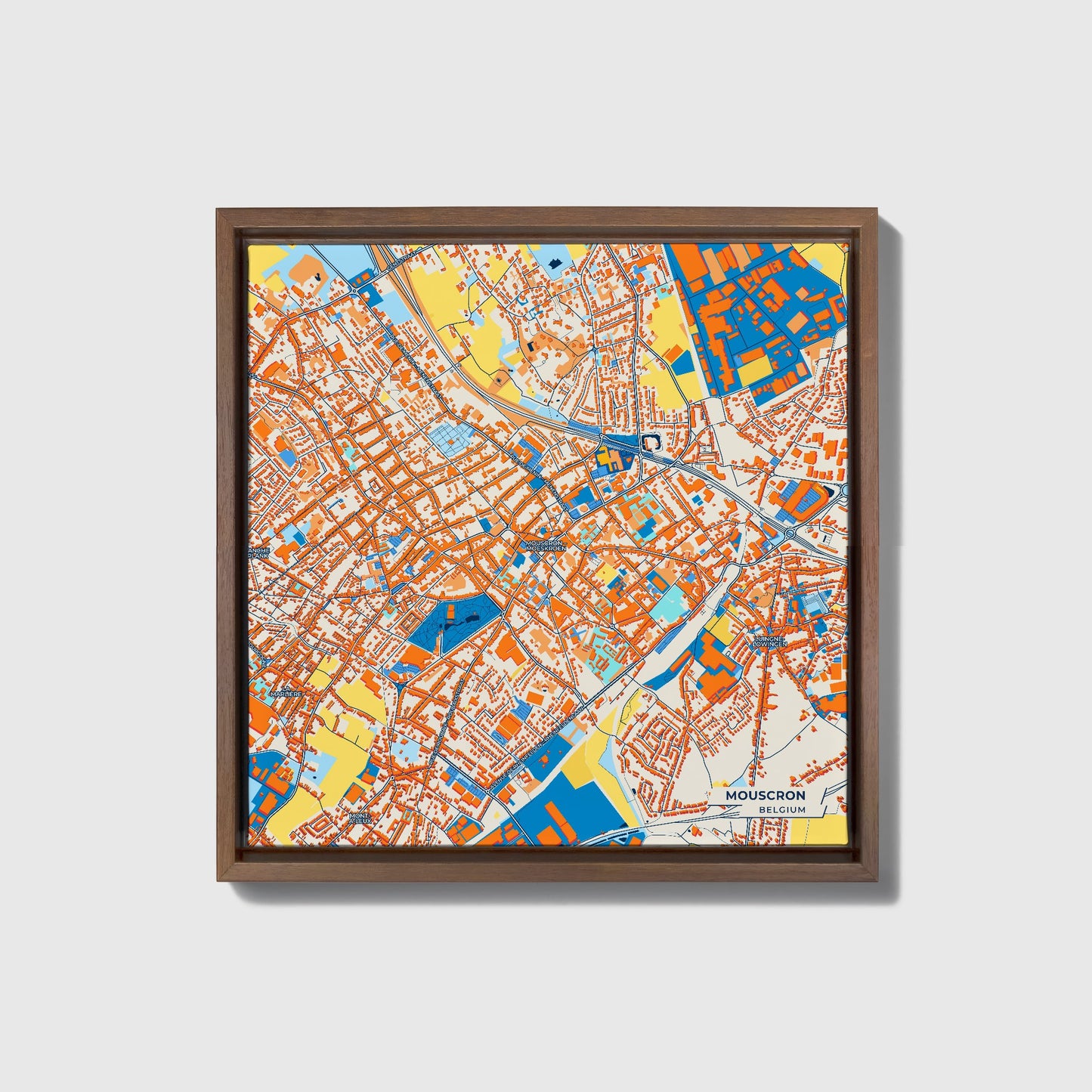 Mouscron  Belgium Colorful City Map Canvas Print • Dark Wooden Framed