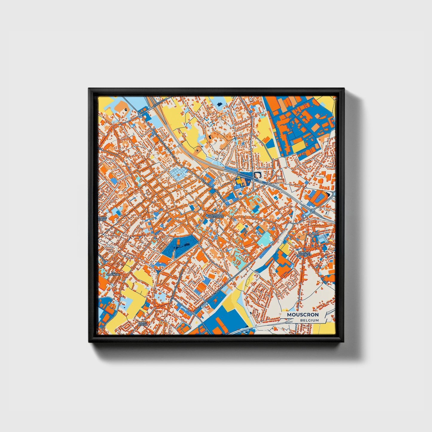 Mouscron  Belgium Colorful City Map Canvas Print • Black Framed