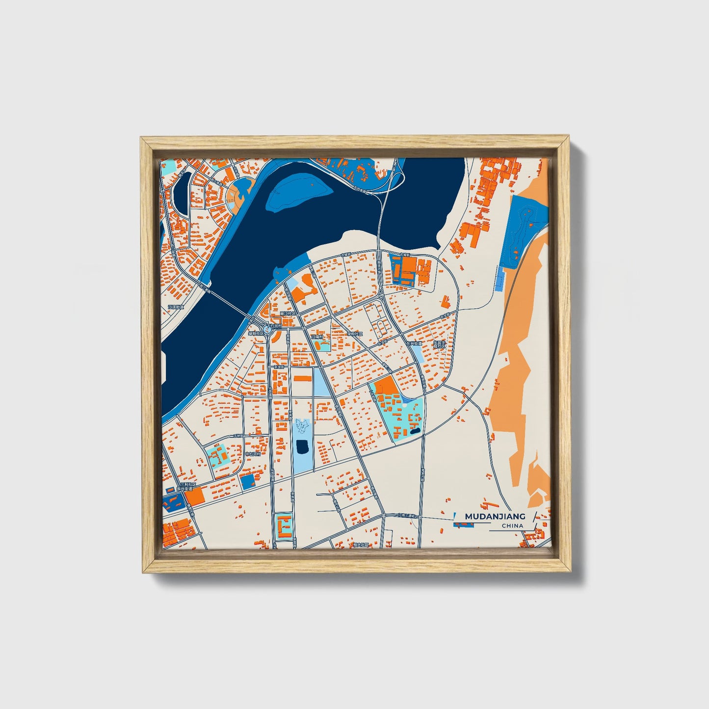 Mudanjiang China Colorful City Map Canvas Print • Natural Wooden Framed