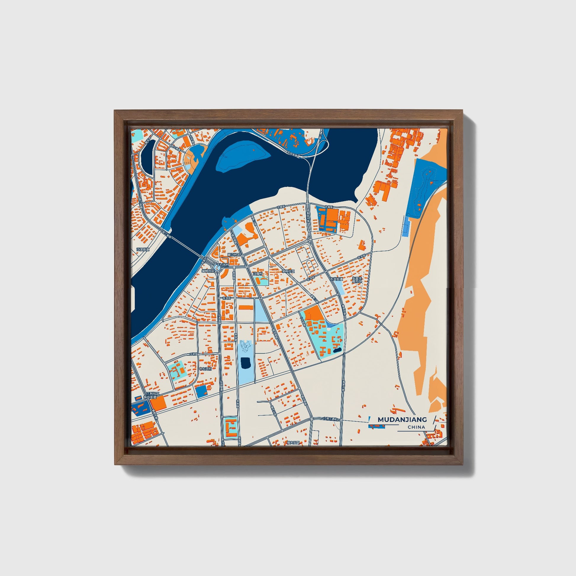 Mudanjiang China Colorful City Map Canvas Print • Dark Wooden Framed