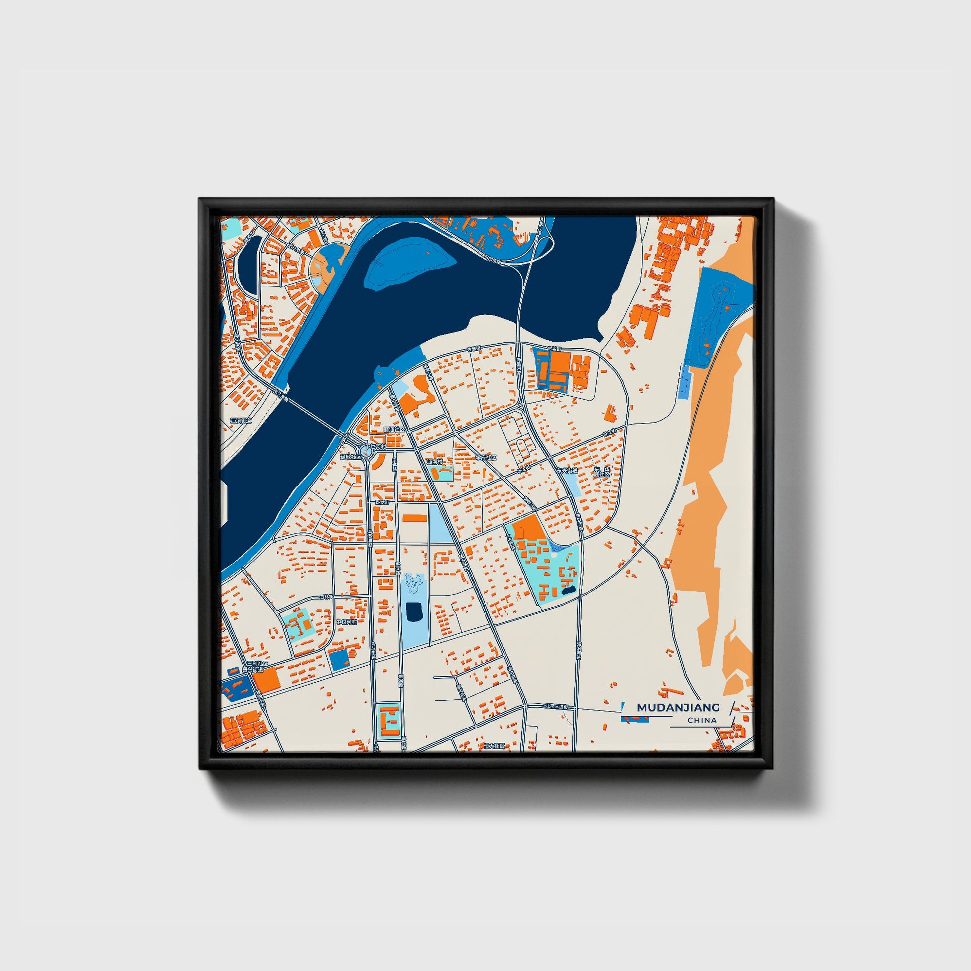 Mudanjiang China Colorful City Map Canvas Print • Black Framed