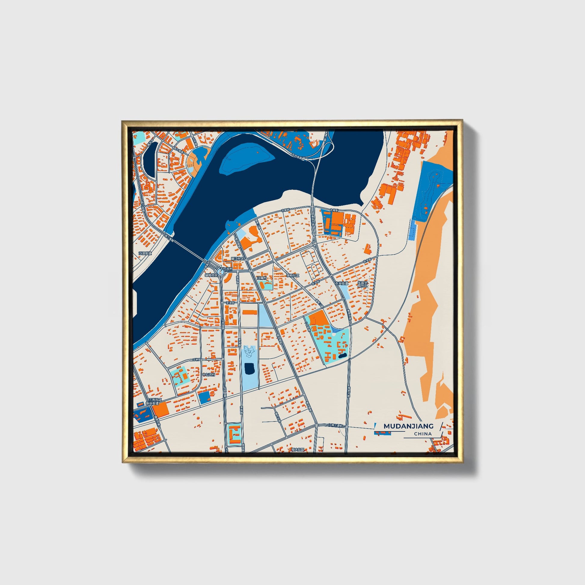 Mudanjiang China Colorful City Map Canvas Print • Gold Framed
