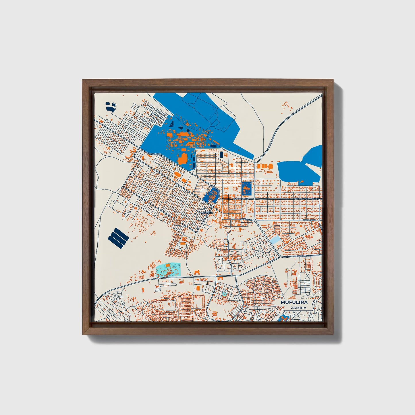 Mufulira Zambia Colorful City Map Canvas Print • Dark Wooden Framed