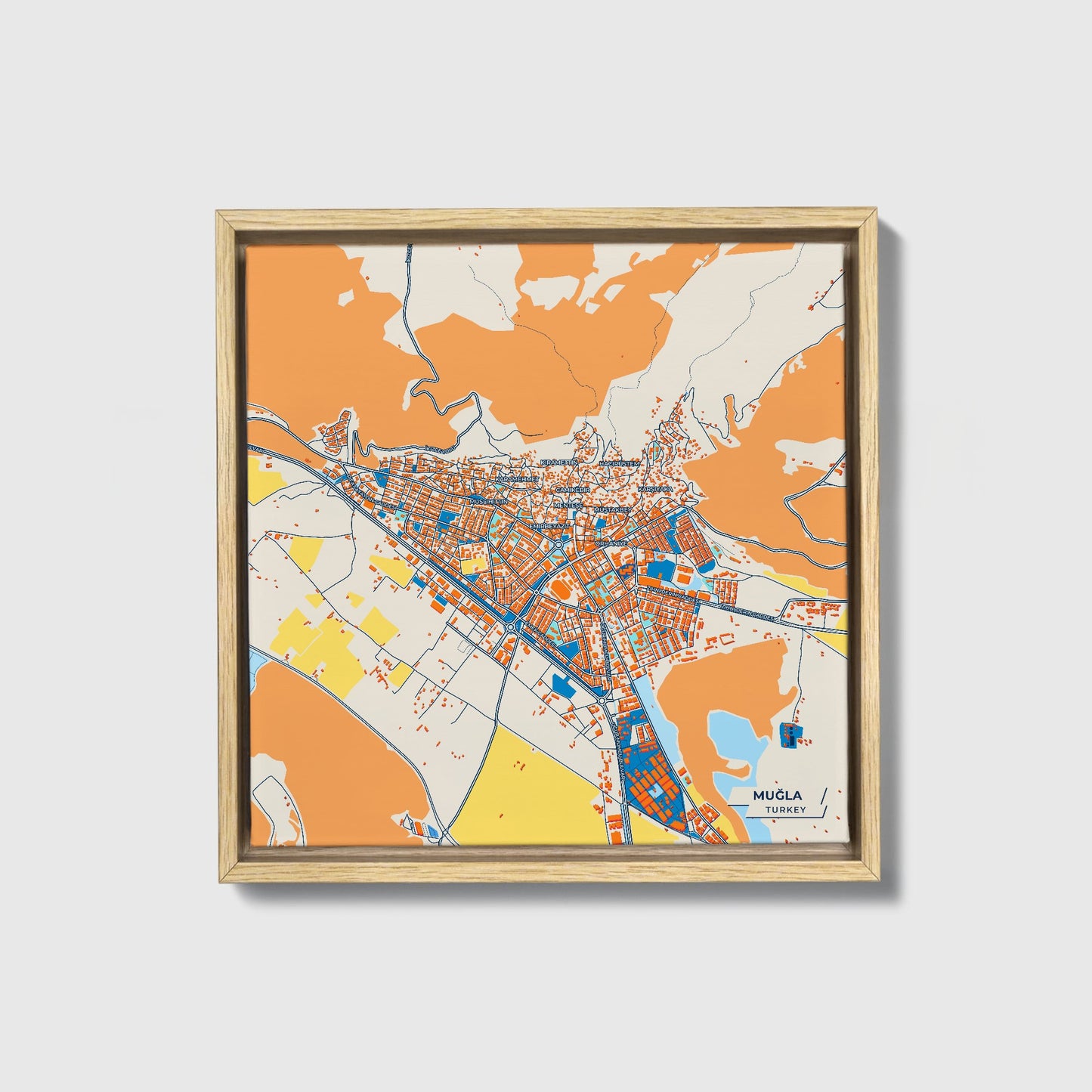 Muğla Turkey Colorful City Map Canvas Print • Natural Wooden Framed