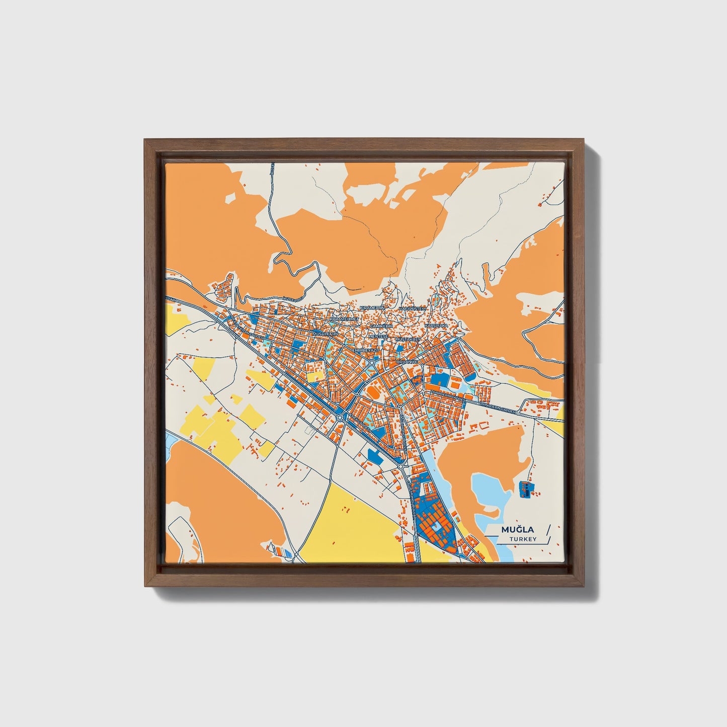 Muğla Turkey Colorful City Map Canvas Print • Dark Wooden Framed